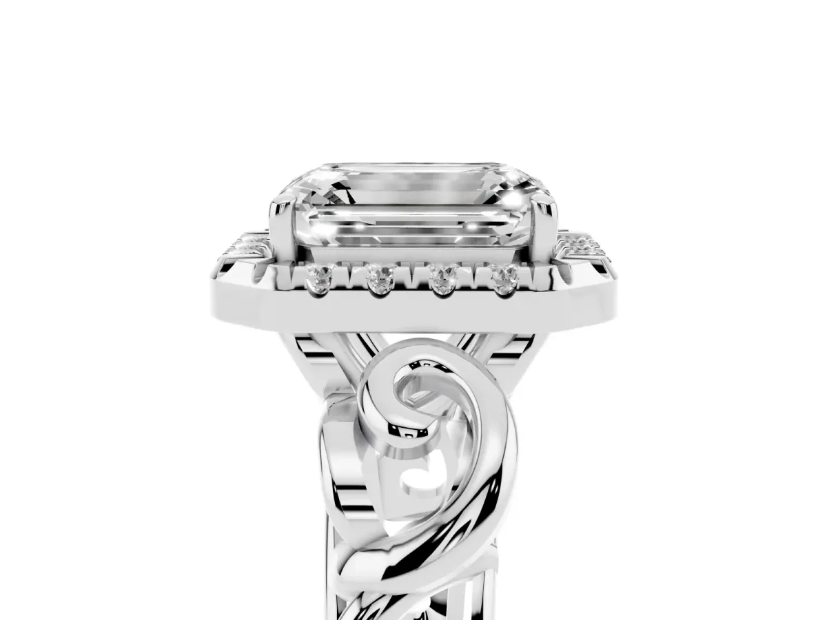 Emerald Cut Cut Halo Diamond Ring with Scrollwork Band and Four-Prong Setting Silver