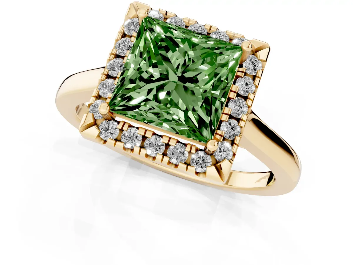 Fancy Green Princess Cut Halo Round Diamond Solitaire Ring with Pavé Band and Four-Prong Setting Yellow gold