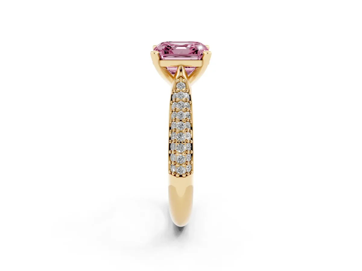 Fancy Pink Asscher Cut Diamond Solitaire Engagement Ring with Multi-Row Round Pavé Band and Prong Setting Yellow gold