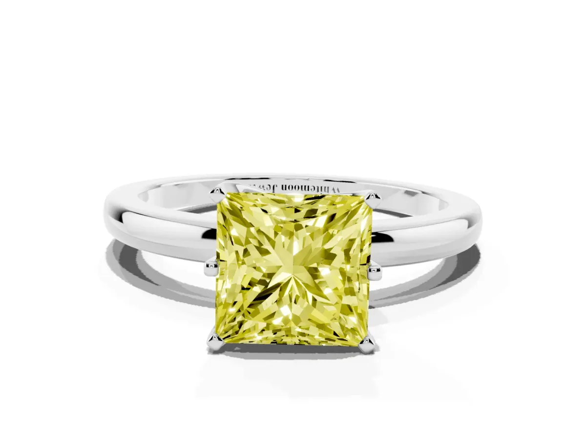 Fancy Yellow Princess Cut Solitaire Diamond Ring with Six-Prong Setting on a Classic Band Silver