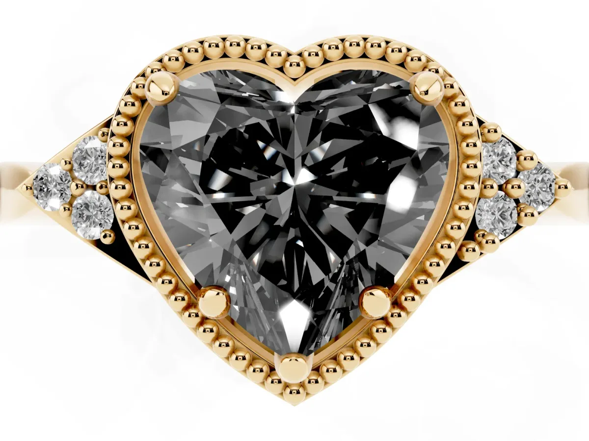 Fancy Black Hexagonal Halo Heart Cut Diamond Solitaire with Pavé Band and Four-Prong Setting Yellow gold