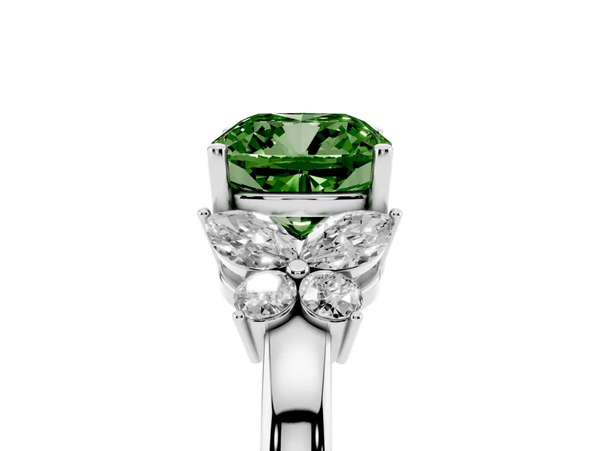 Fancy Green Cushion Cut Cut Solitaire Floral Diamond Ring with Four-Prong Setting Silver