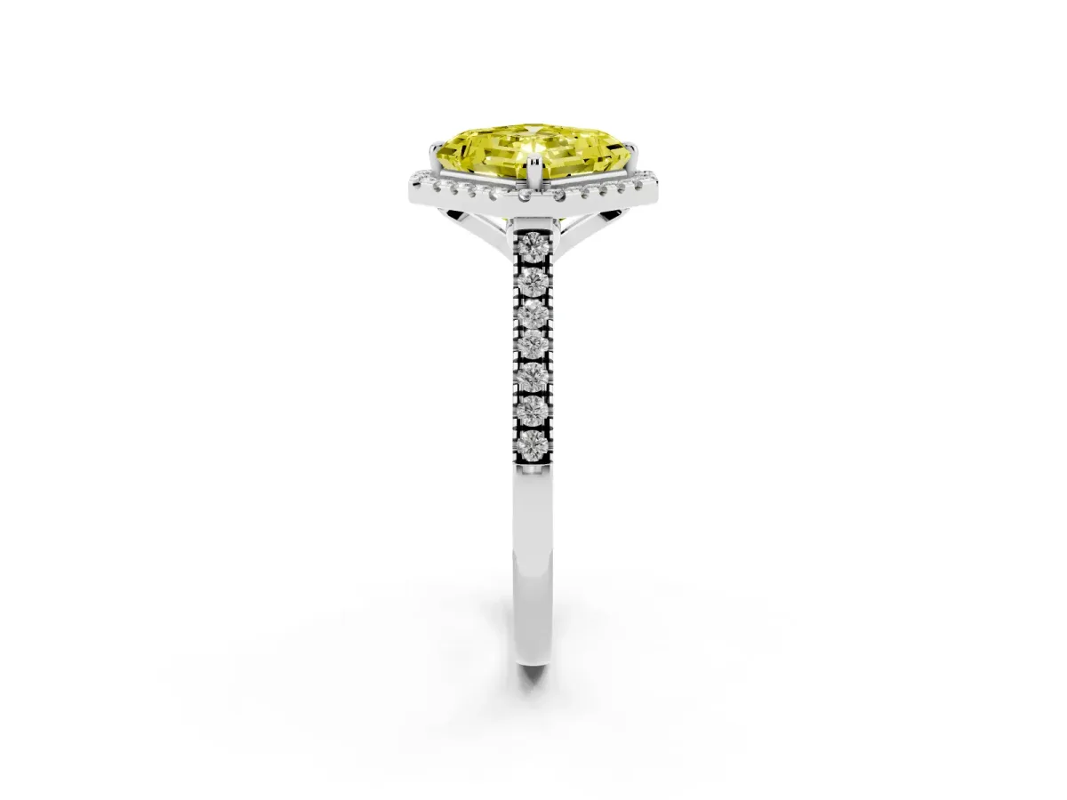 Fancy Yellow Asscher Cut Diamond Cushion Halo Ring with Pavé Band Silver