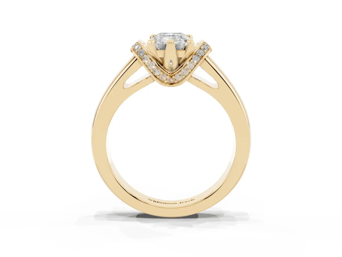 Emerald Cut Solitaire Diamond Ring with Pave Band and Six-Prong Setting Yellow gold