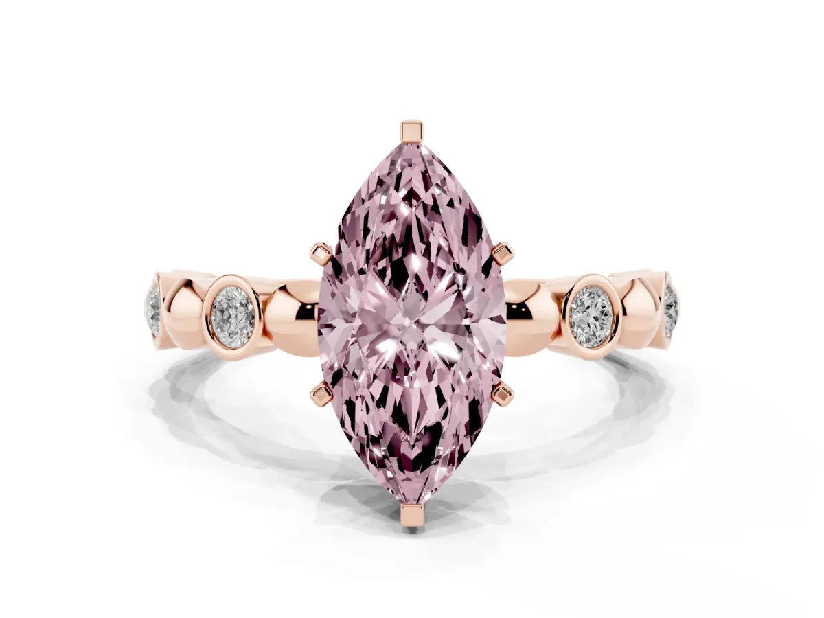 Fancy Pink Marquise Cut Solitaire Bezel-Set Diamond Ring with Beaded Band and Four-Prong Setting Rose gold