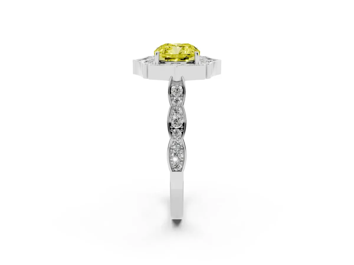 Fancy Yellow Cushion Cut Halo Diamond Engagement Ring with Milgrain Band and Four-Prong Setting White gold