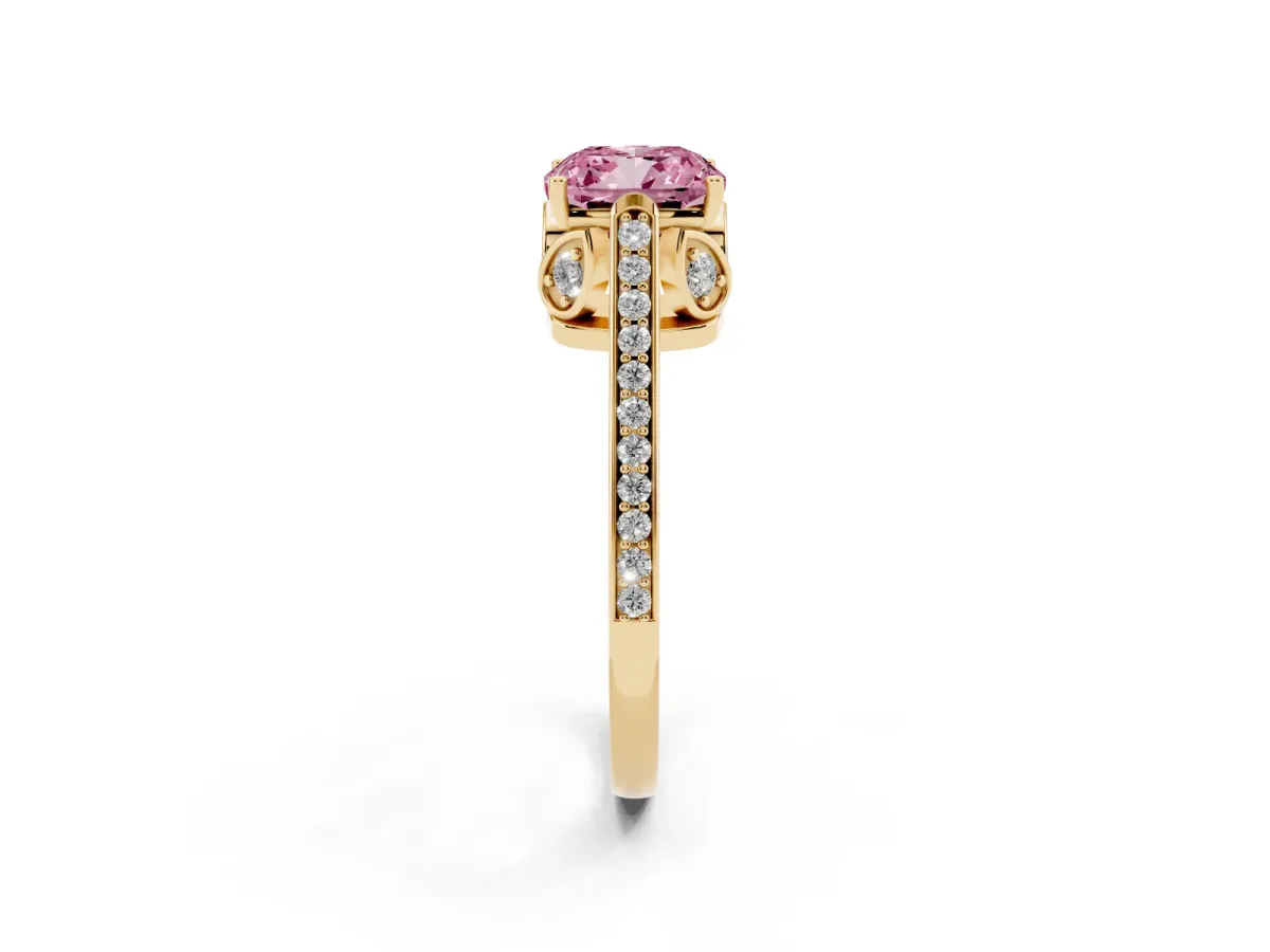 Fancy Pink Cushion Cut Cut Cathedral Pave Diamond Engagement Ring with Six-Prong Setting Yellow gold