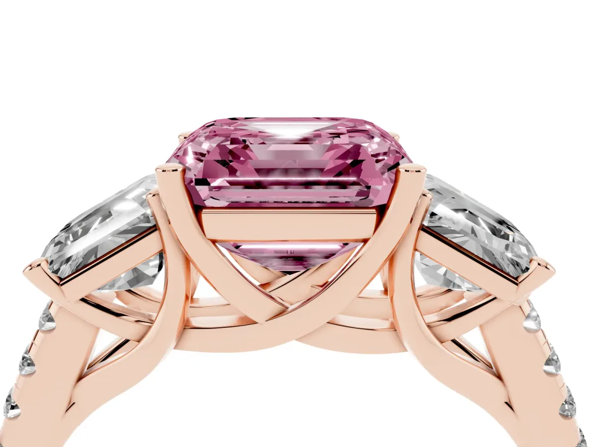 Fancy Pink Three-Stone Asscher Cut Diamond Ring with Round Pavé Band and Prong Setting Rose gold