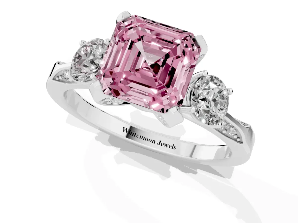 Fancy Pink Asscher Cut Brilliant Three-Stone Diamond Ring with Pavé Band and Four-Prong Setting Platinum