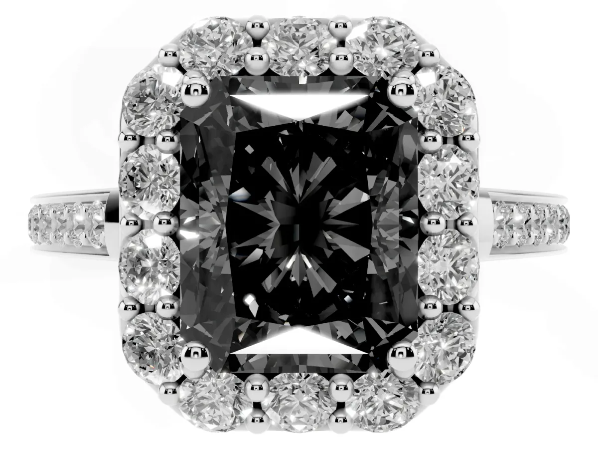 Fancy Black Radiant Cut Diamond Floral Halo Ring with Pavé Band and Prong Setting White gold