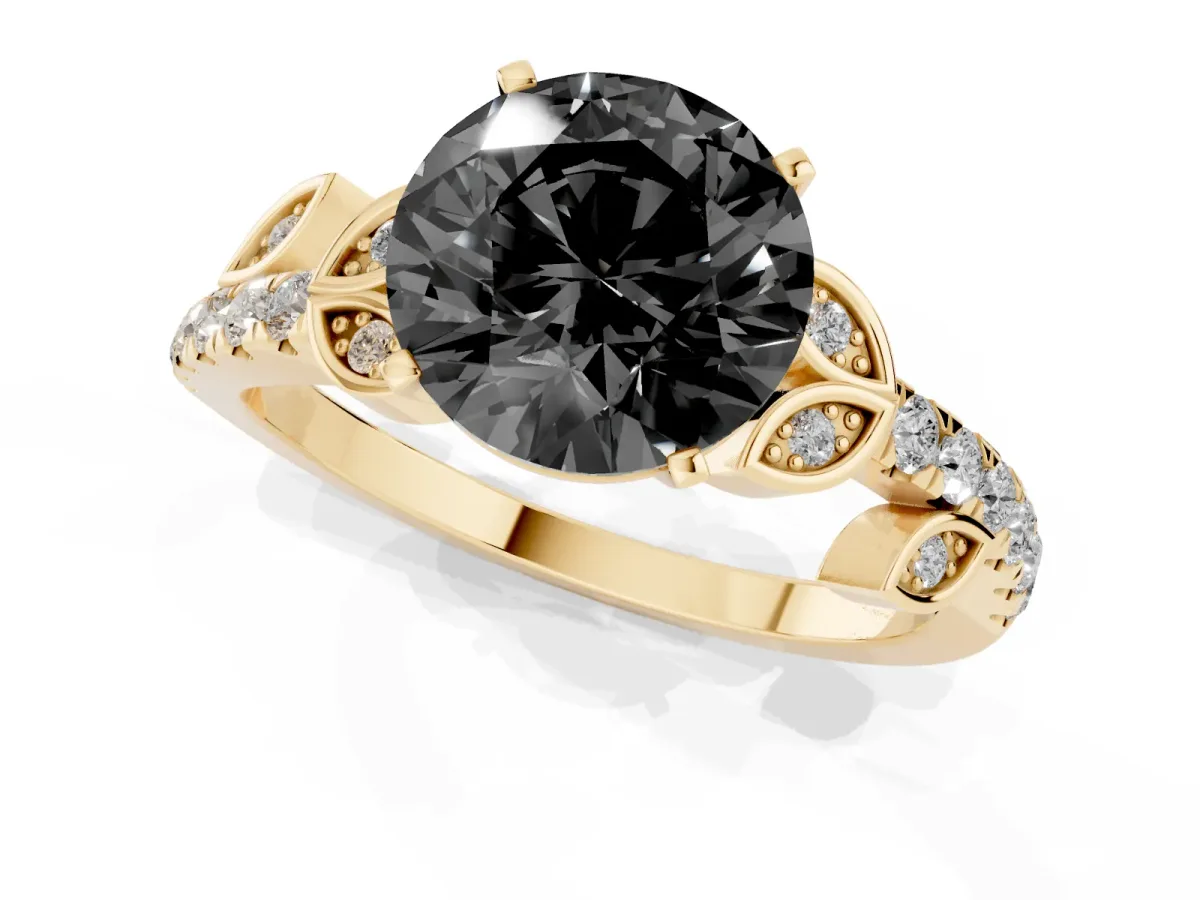 Fancy Black Round Cut Solitaire Leaf-Inspired Diamond Ring with Pavé Band and Four-Prong Setting Yellow gold