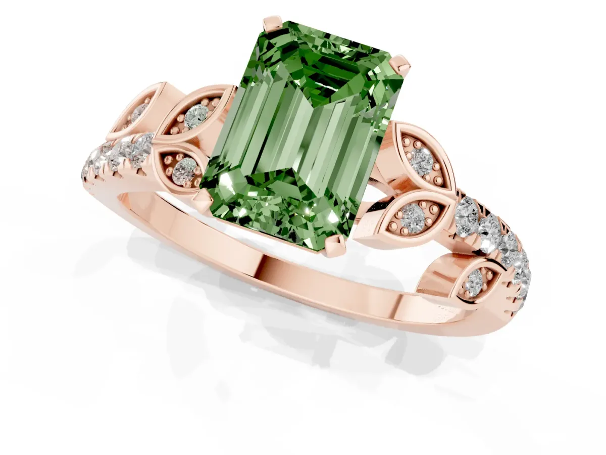 Fancy Green Emerald Cut Solitaire Leaf-Inspired Diamond Ring with Pavé Band and Four-Prong Setting Rose gold