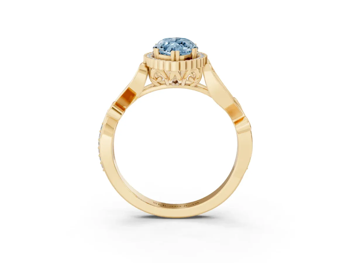Fancy Blue Marquise Cut Diamond Halo Ring with Vintage Split Shank and Four-Prong Setting Yellow gold