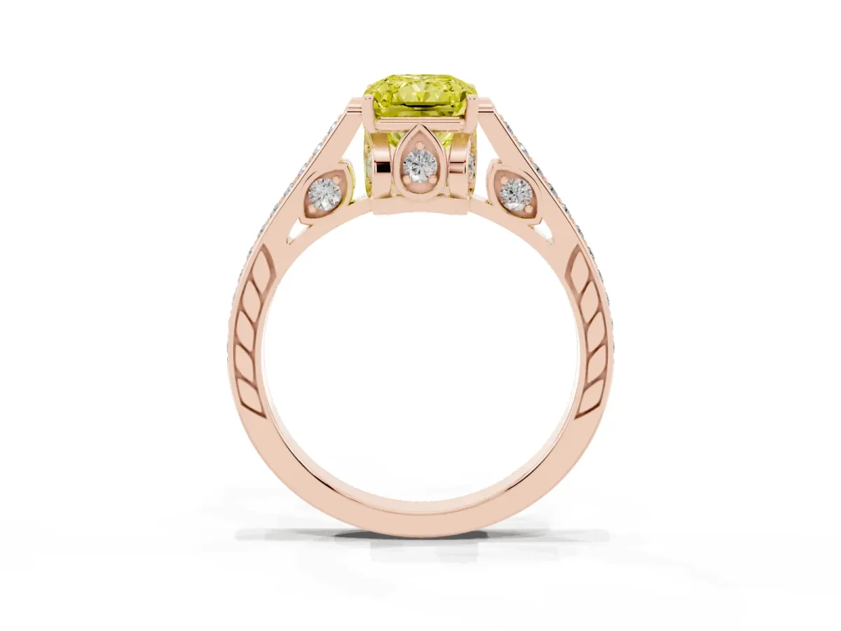 Fancy Yellow Radiant Cut Cut Cathedral Pave Diamond Engagement Ring with Six-Prong Setting Rose gold