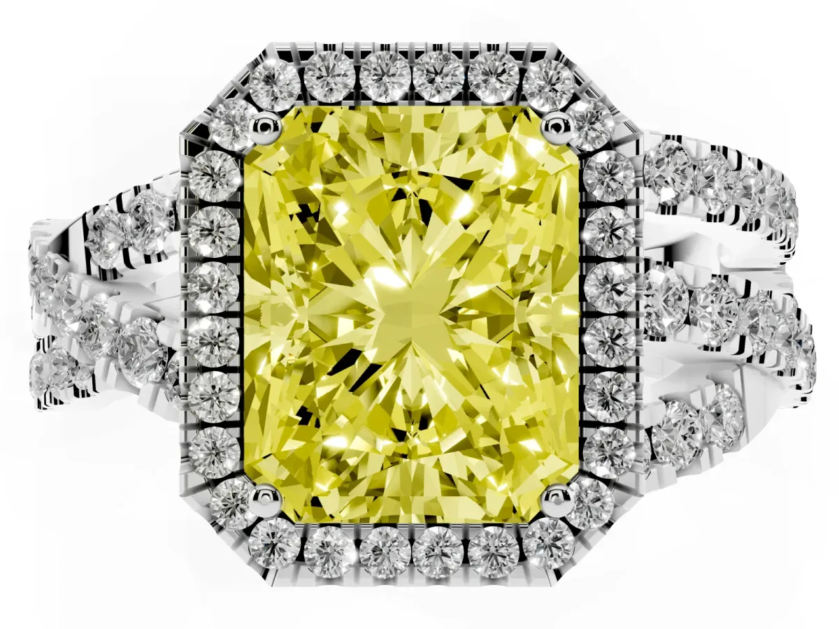Fancy Yellow Radiant Cut Diamond Halo Ring with Round Split Shank and Prong Setting Silver