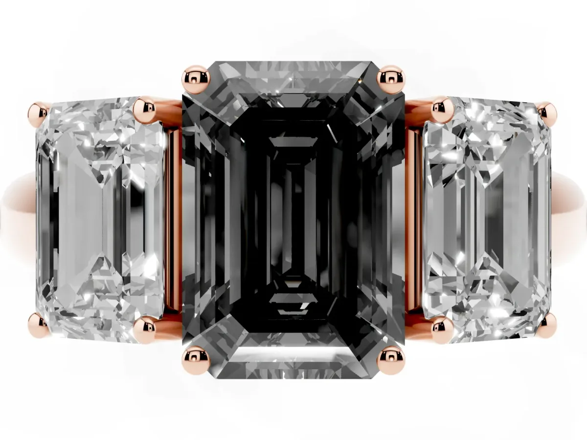 Fancy Black Three-Stone Emerald Cut Diamond Engagement Ring with Prong Setting Rose gold