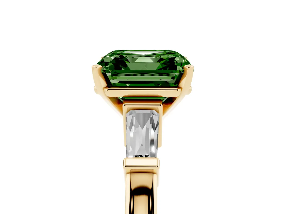 Fancy Green Asscher Cut Cut Diamond Solitaire Ring with Tapered Baguette Accents and Four-Prong Setting Yellow gold