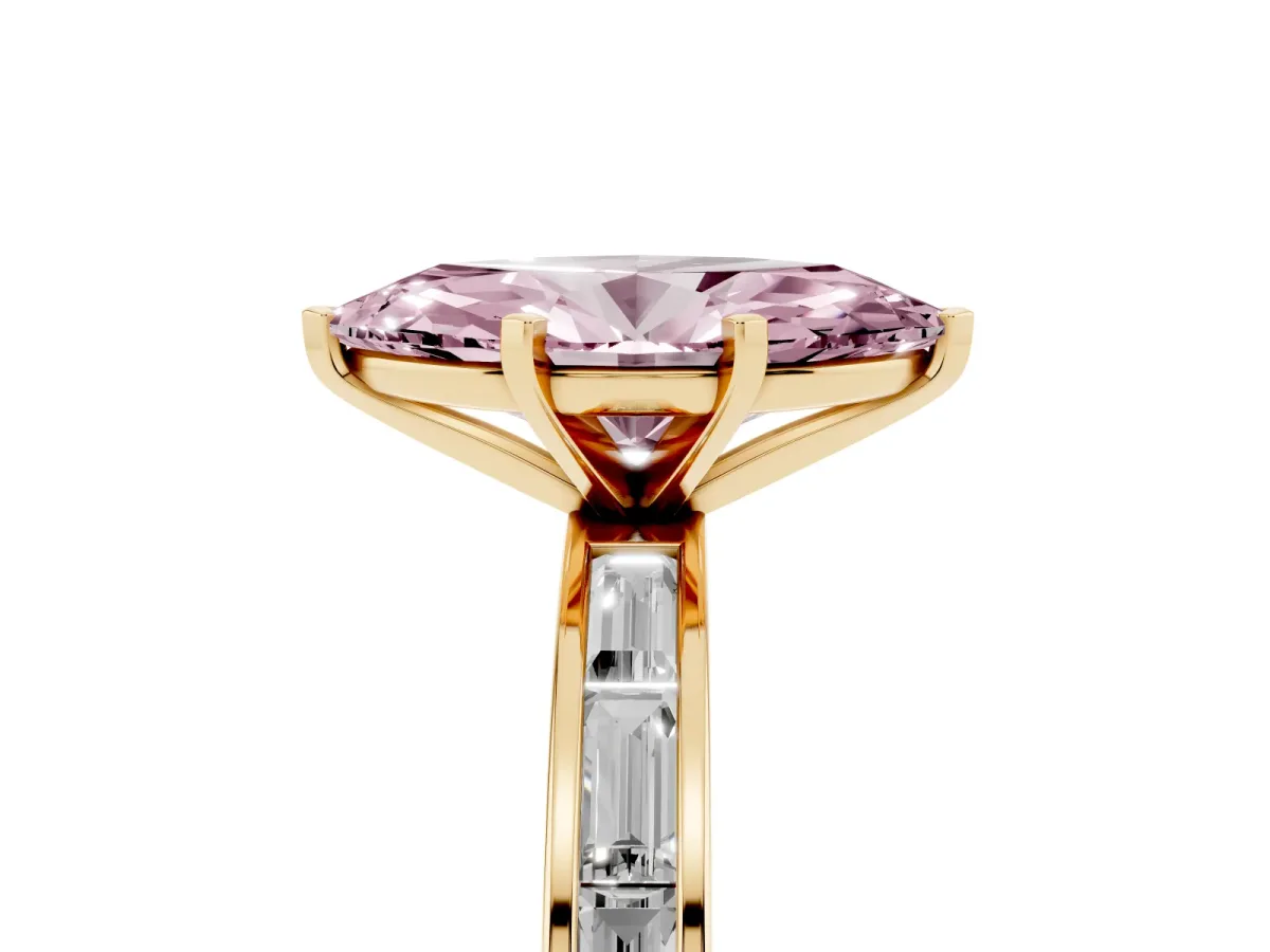 Fancy Pink Marquise Cut Solitaire Diamond Ring with Channel-Set Baguette Band and Four-Prong Setting Yellow gold