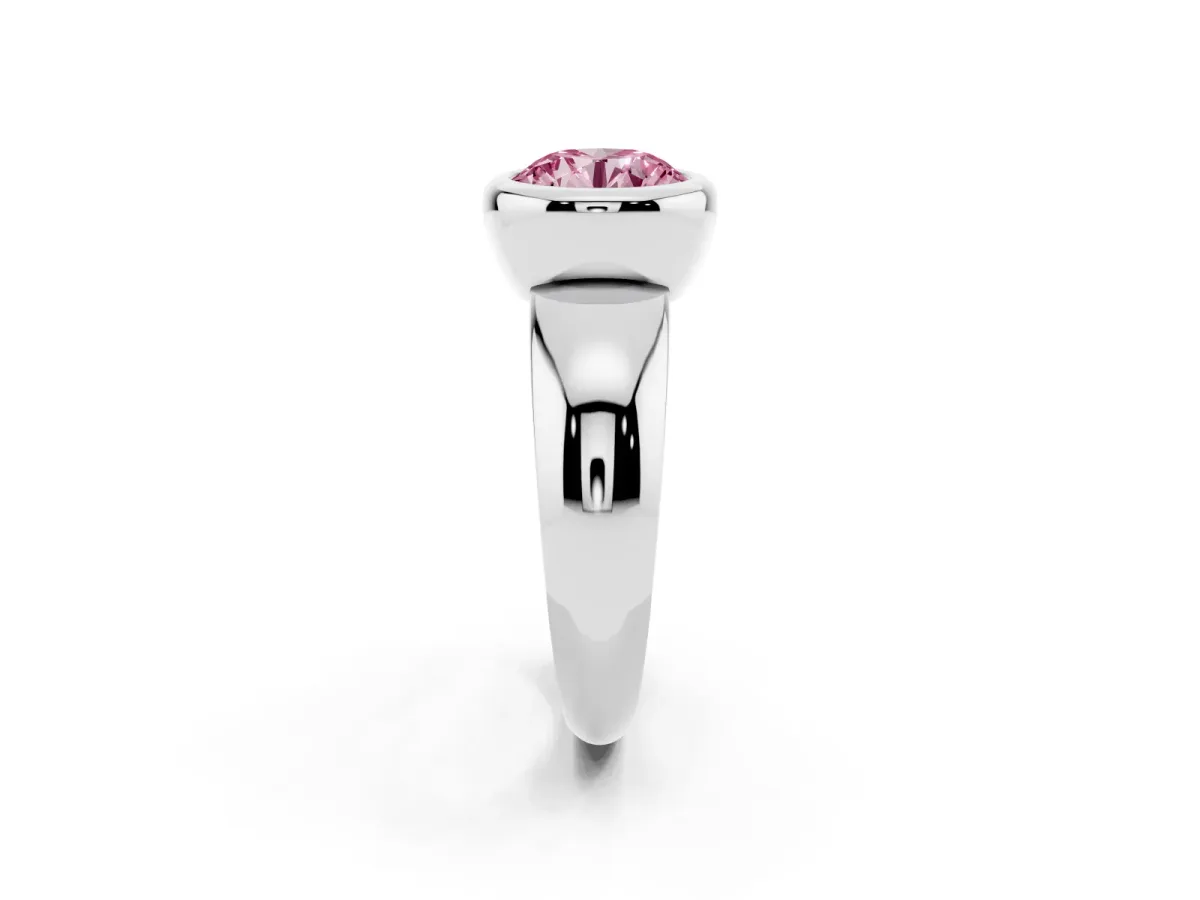 Fancy Pink Bezel Set Round Cut Solitaire Ring with Wide Band White gold