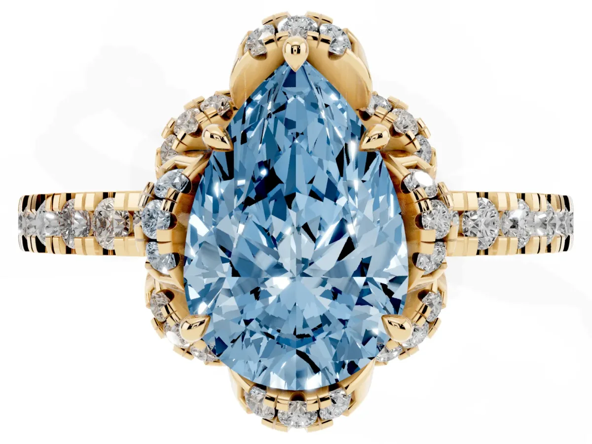 Fancy Blue Pear Cut Diamond Halo Pave Band with Four-Prong Setting Yellow gold