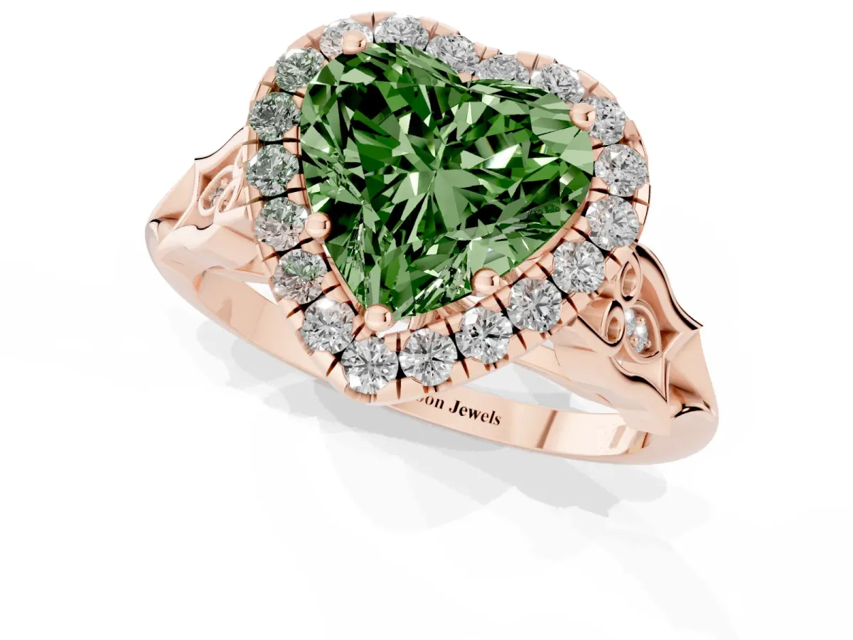 Fancy Green Heart Cut Halo Diamond Engagement Ring with Filigree Band and Four-Prong Setting Rose gold