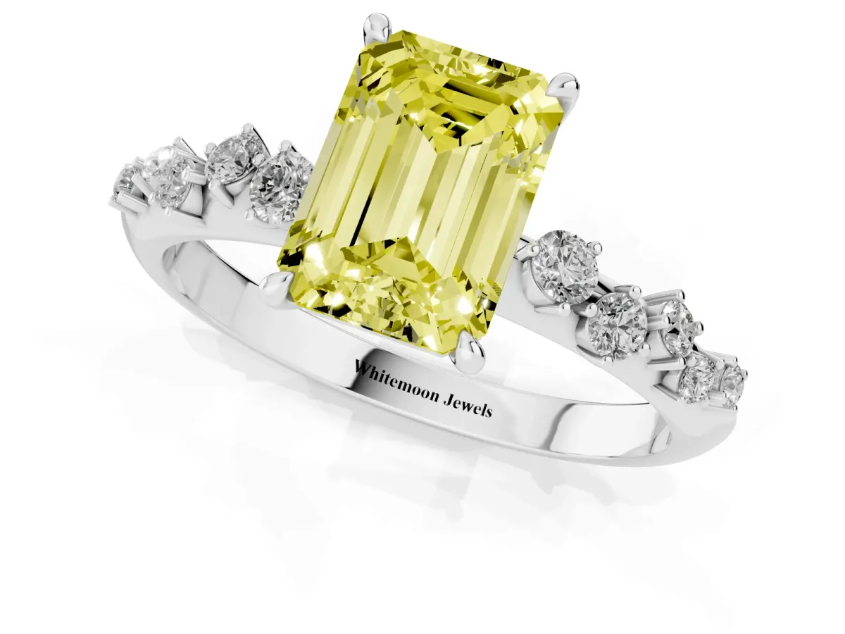 Fancy Yellow Emerald Cut Diamond Cluster Side Stone Solitaire Ring with Prong Setting Silver