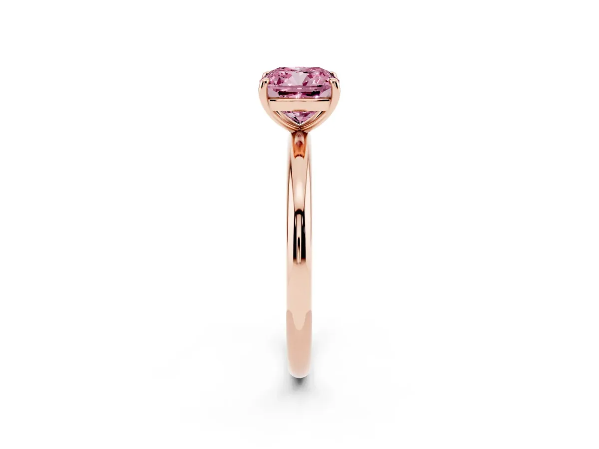 Fancy Pink Cushion Cut Solitaire Diamond Ring with Four-Prong Setting on a Plain Band Rose gold