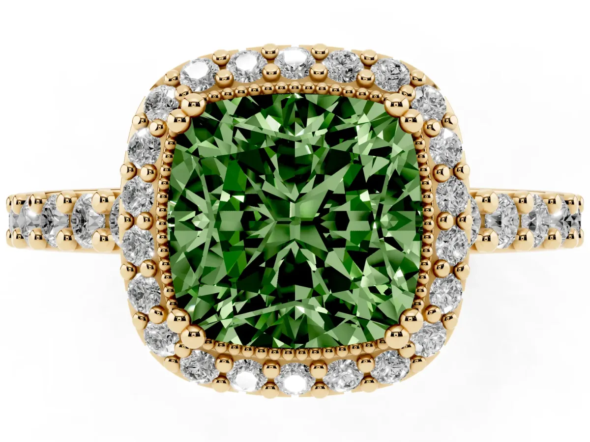 Fancy Green Cushion Cut Cut Diamond Halo Engagement Ring with Milgrain Detail and Pavé Band Yellow gold