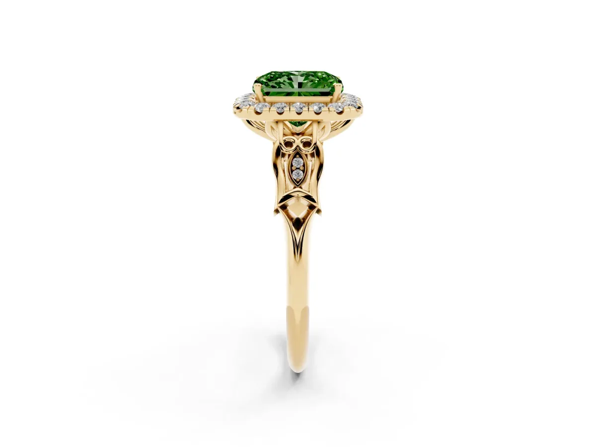 Fancy Green Radiant Cut Halo Diamond Engagement Ring with Filigree Band and Four-Prong Setting Yellow gold
