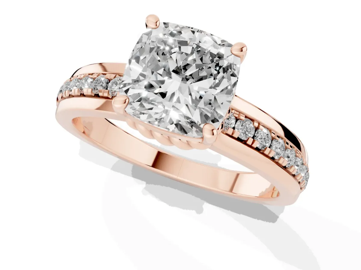 Cushion Cut Solitaire Diamond Ring with Channel Set Band and Six-Prong Setting Rose gold