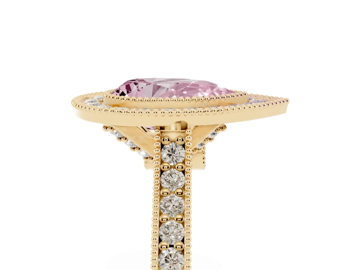 Fancy Pink Halo Pear Cut-Cut Diamond Pave Band Milgrain Prong Setting Ring Yellow gold