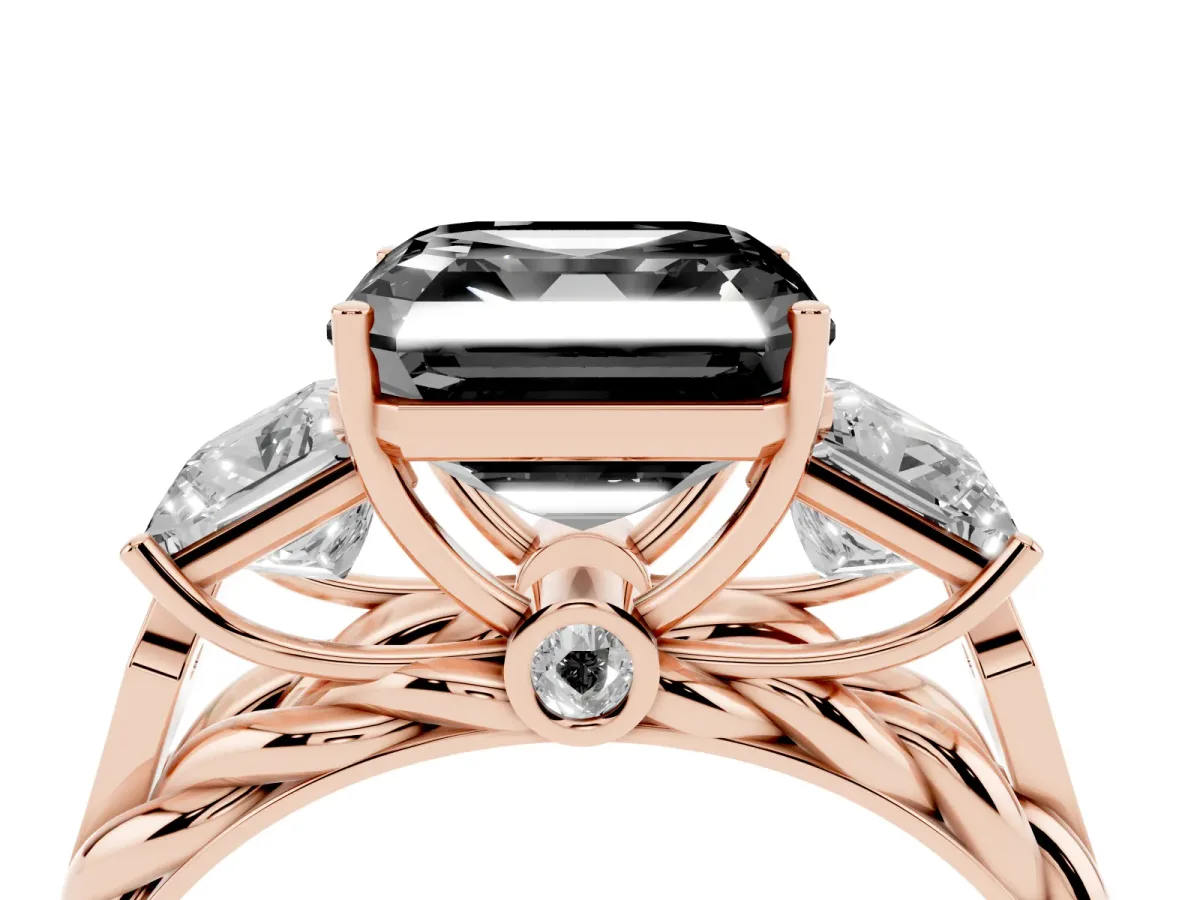 Fancy Black Three-Stone Asscher Cut Diamond Braided Band Ring with Four-Prong Setting Rose gold