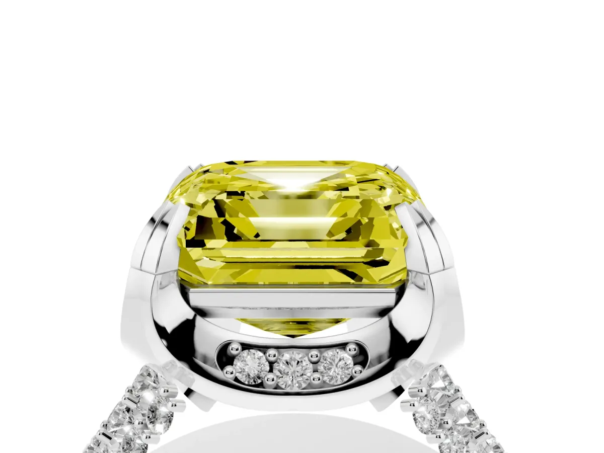 Fancy Yellow Asscher Cut Solitaire Pave Split Shank Ring with Four-Prong Setting Platinum