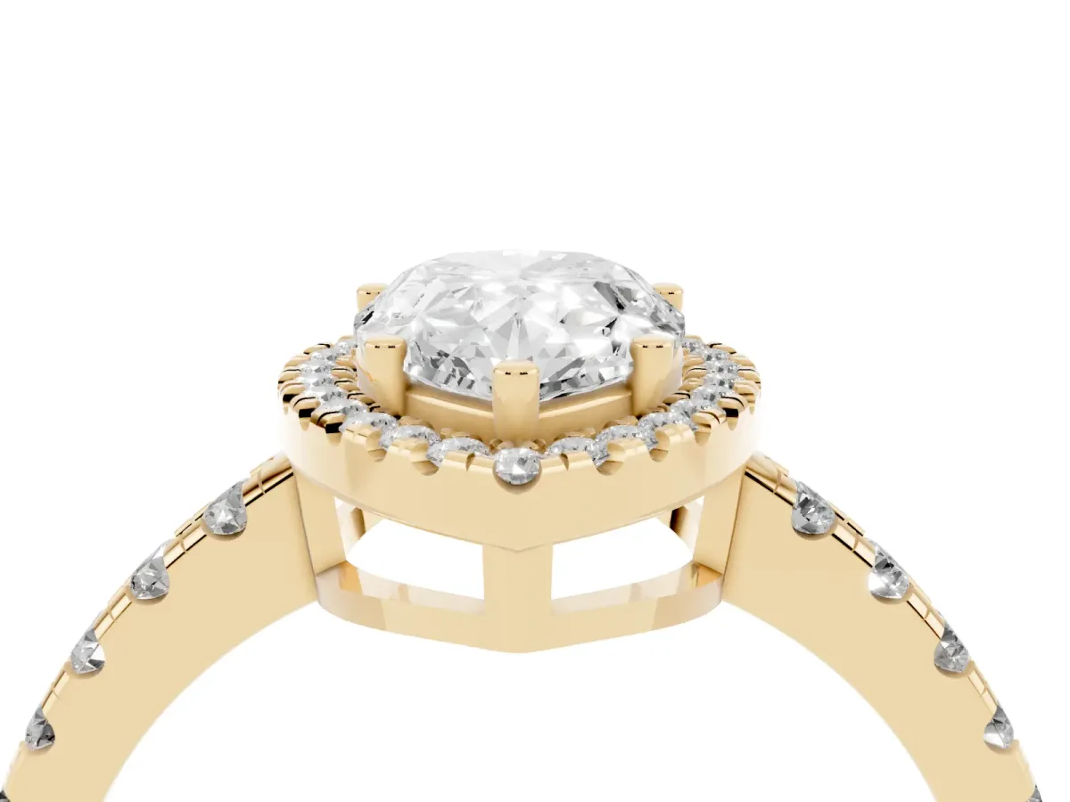 Pear Cut Diamond Halo Ring with Pavé Band and Four-Prong Setting Yellow gold