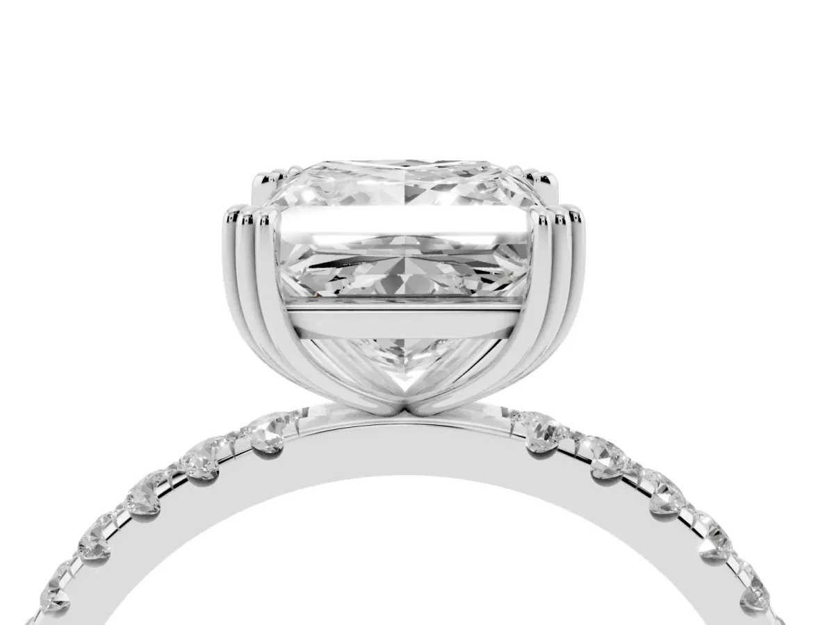 Princess Cut Brilliant Solitaire with Pavé Band and Claw Prong Setting Silver