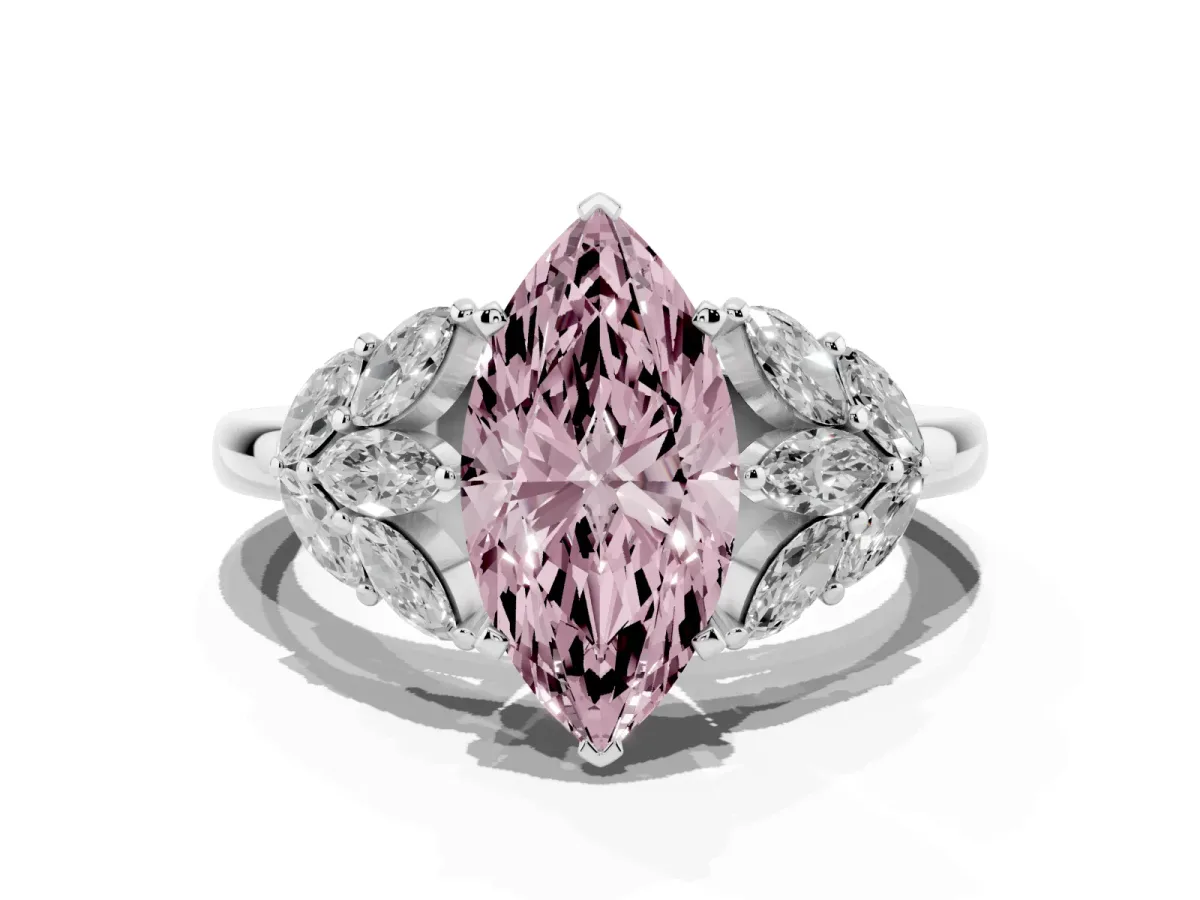 Fancy Pink Marquise Cut Diamond Cluster Leaf Design Ring with Prong Setting Silver