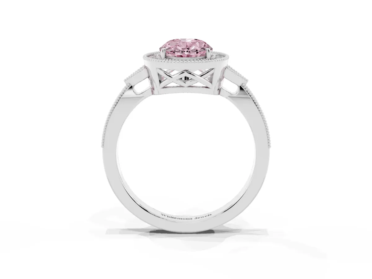 Fancy Pink Oval Cut Halo Round Diamond Milgrain Pave Engagement Ring Silver