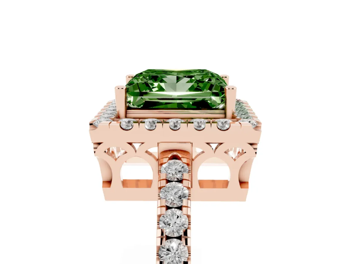 Fancy Green Princess Cut Halo Diamond Engagement Ring with Pavé Band and Four-Prong Setting Rose gold