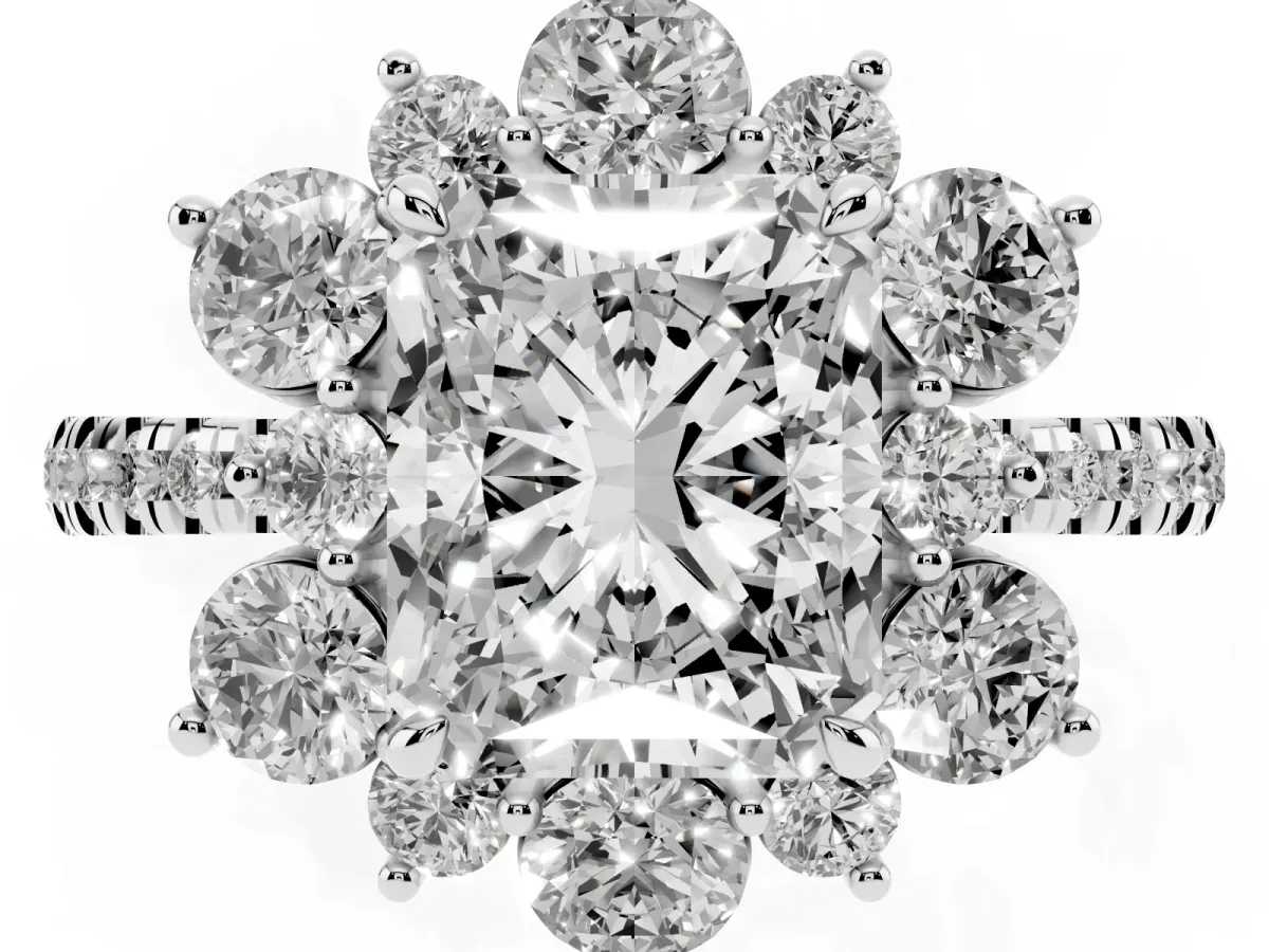 Radiant Cut Diamond Floral Halo Ring with Round Pavé Band and Prong Setting White gold
