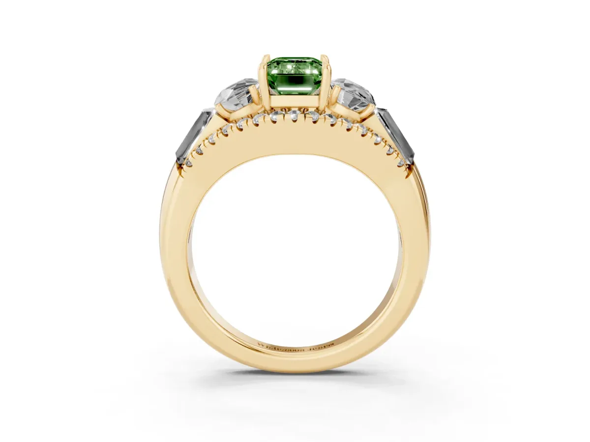 Fancy Green Three-Stone Emerald Cut Diamond Engagement Ring with Pave Band and Prong Setting Yellow gold
