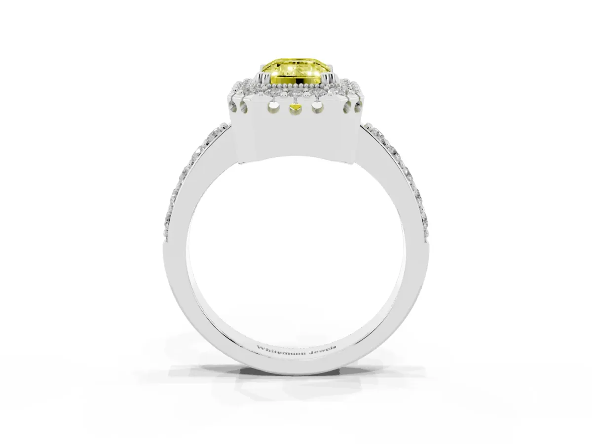 Fancy Yellow Emerald Cut Diamond Halo Ring with Pavé Band and Prong Setting Platinum