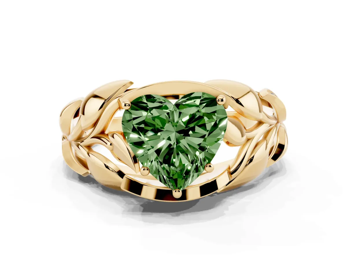 Fancy Green Heart Cut Diamond Leaf-Inspired Engagement Ring with Round Accents and Prong Setting Yellow gold