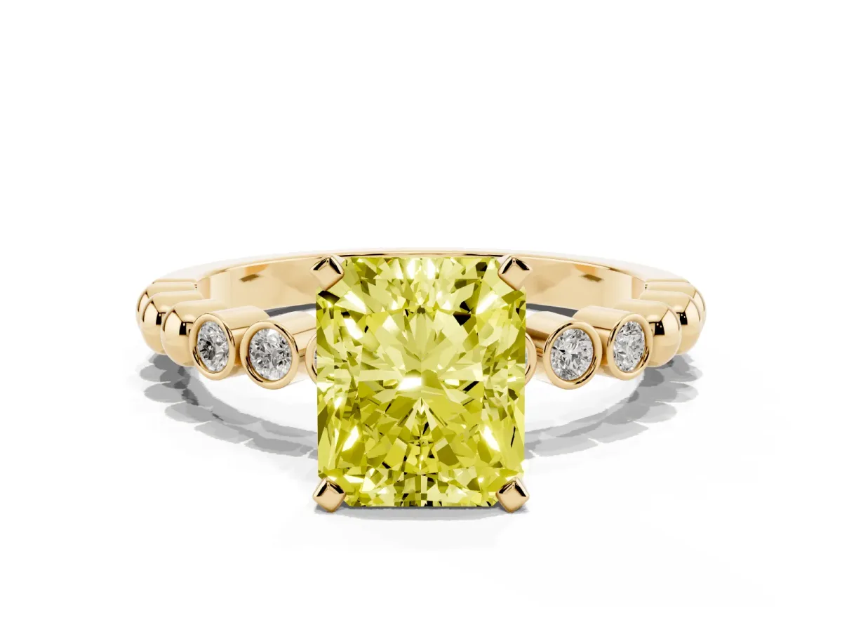 Fancy Yellow Radiant Cut Solitaire Bezel Accent Diamond Engagement Ring with Beaded Band and Four-Prong Setting Yellow gold