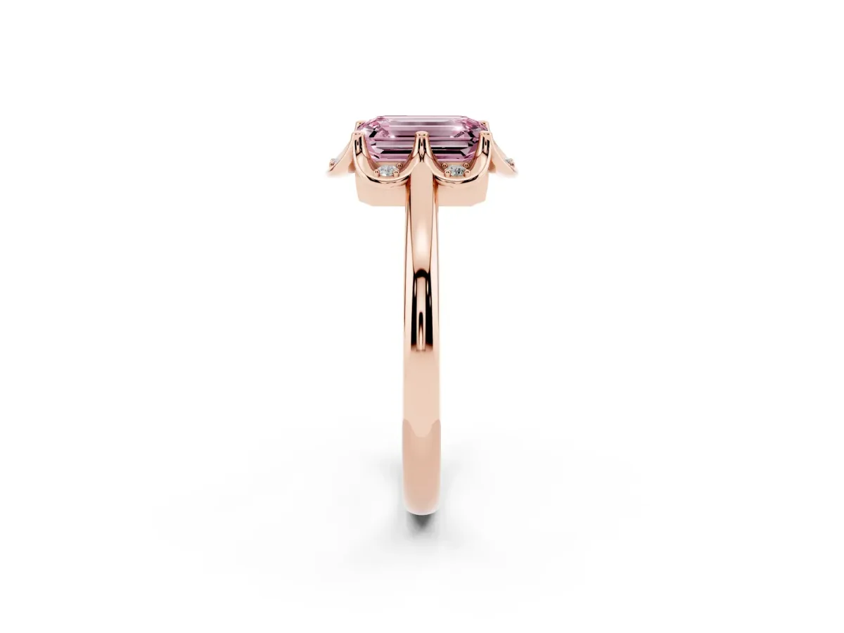 Fancy Pink Emerald Cut Halo Diamond Ring with Round Cluster Setting, Solitaire Band, and Four-Prong Setting Rose gold