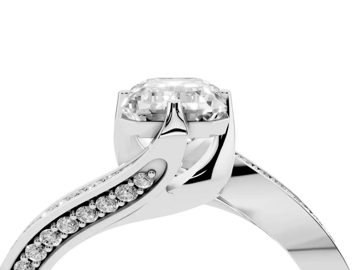 Emerald Cut Solitaire Diamond Twist Band with Pavé Setting and Four-Prong Setting Silver