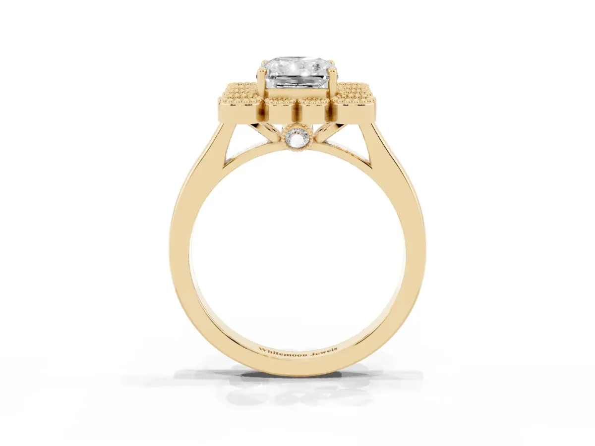 Radiant Cut Halo Diamond Cluster Engagement Ring with Milgrain Bezel Setting and Solitaire Band Yellow gold