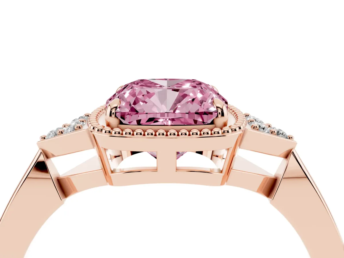 Fancy Pink Hexagonal Halo Cushion Cut Diamond Solitaire with Pavé Band and Four-Prong Setting Rose gold