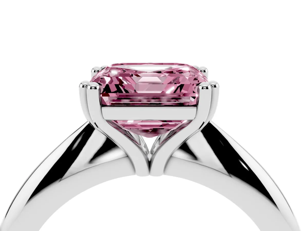 Fancy Pink Asscher Cut Cut Solitaire Engagement Ring with Tapered Band and Four-Prong Setting Platinum