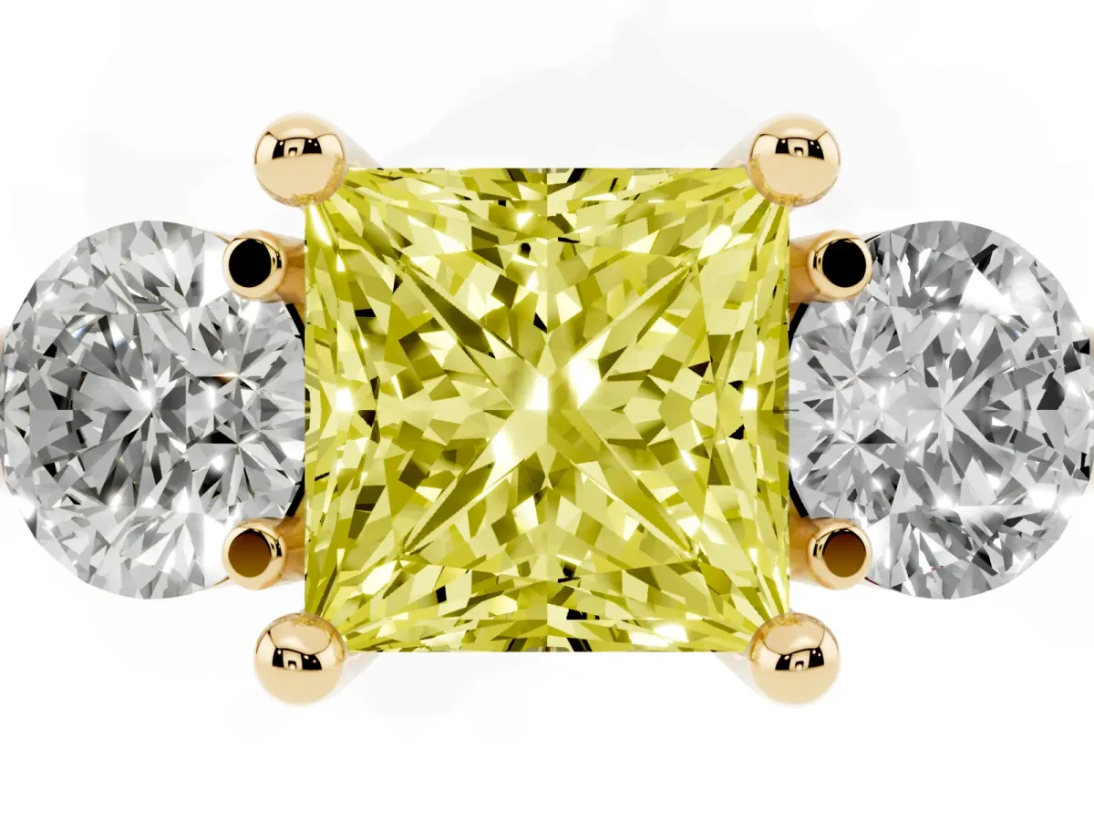Fancy Yellow Three-Stone Princess Cut Brilliant Cut Solitaire Ring with Prong Setting on a Classic Band Yellow gold