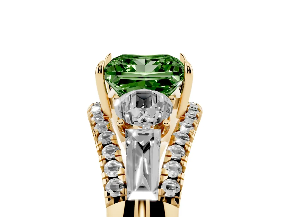 Fancy Green Three-Stone Princess Cut Diamond Engagement Ring with Pave Band and Prong Setting Yellow gold